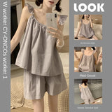 GETADME 귀여운 여성 잠옷 라운지웨어 한국 버전 달콤하고 심플한 플라이 슬리브 언더셔츠 플레드 홀터 홈웨어 정장 잠옷