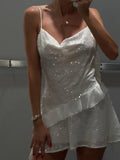 GETADME Fashion Sequined Short Dress For Women Cowl-neck Sleeveless Ruffle Hem Mini Dresses 2025 Summer Elegant Female Party Vestidos