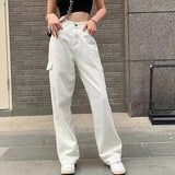 Vintage Women Fashion White Blue High Waist Casual Jeans Loose Omighty Wide Leg Pocket Cargo Pants Solid Overalls Trouser