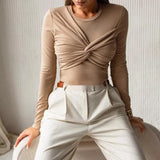 GETADME Tops Tees Women's Round Neck Long Sleeved Tight Fitting Jumpsuit Eur America Sexy Pleated Jumpsuit High Street Mid Waist Top New