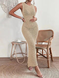 GETADME Fashionable and elegant hollow out dress with round neck and waist clip skirt, sleeveless slim fit woolen dress for women