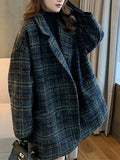 Women's Jacket Woolen Coat Winter Korean Vintage Lattice Loose Women Tweed Jacket Double Breasted Turn Down Collar Coat Women