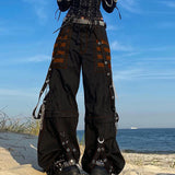 GETADME Women Fall Winter Cargo Jeans Striped Zipper Button Closure Loose Casual Trousers Streetwear with Pockets