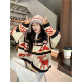 Atmosphere Autumn and Winter Christmas Zipper Elk Sweater Cardigan Versatile New Thickened Knitted Loose Lazy Top Jacket