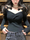 Getadme-Fashion Simple Slash Neck Knitted Sweater Bow Fake Two Pieces Long Sleeve Slim Pullovers Black Chic Gothic Clubwear Streetwear