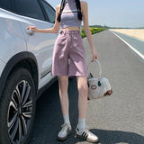 GETADME Summer New Korea Fashion Loose Women Jeans Shorts Purple Pink High Waist Straight Pockets Female Wide Short Pants