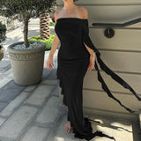 GETADME Summer Newly Irregular Ruffle Fringe Party Off Shoulder Dress Elegant One Sleeve 2025 Slim Hip Package Lady Split Vacation Robes