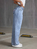 GETADME Women's Back Pocket Bow Embroidered Fashionable Wide Leg Pants Versatile Washed Denim Trousers