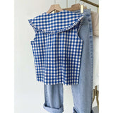 GETADME Korobov French Blue Plaid Ruffled Sleeveless Shirt Women's Clothing Summer Loose Blouses Doll Age Reduction Sweet Fashion Top