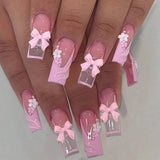 GETADME 24pcs Upgrade Your Look With Pink leopard print bow full coverage false nail set 1pc Nail File & 1Nail Glue Sticker Kit Nails