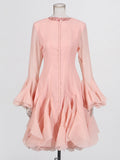 GETADME Elegant Women Round Neck Single Breasted Flare Long Sleeve Mini Dress Sweet Solid Bubble Skirt 2025 Lady Chic High Street Robes
