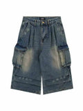GETADME High Waist  Retro Blue Washed Denim Shorts Women's Harajuku Vintage Fashion Casual Loose Y2K Streetwear Wide Leg Cropped Pants