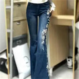GETADME 2026 Mid Rise Retro Rose Embroidered Micro Flared Denim Pants Female Summer Hot Girls, Slim Fit And Slimming, Flared Floor Pants