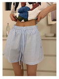 GETADME Y2k Striped Shorts for Women Harajuku Blue Baggy Elastic Waist Short Pants Korean Style Casual Fashion Retro Shorts
