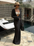 GETADME 2025 Summer Sexy U-neck Bell Sleeve Knit Maxi Dress Women Swimwear Feminine Bikinis Cover-ups Holiday Crochet Beach Dresses K21