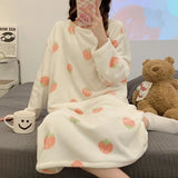 GETADME Winter Warm Pajamas Coral Fleece Long Sleeve Dresses Midi Length Cartoon Student Flannel Home Nightdress Striped Thickened Pajam