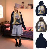 GETADME Harajuku Doll Print Hoodie Korean Style Jacket Womens Loose Fit Long Sleeve Cotton Blend Zip Closure Sweethearts Style Coat