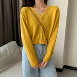 GETADME Women's Long Sleeve Cropped Cardigan V Neck Button Down Knit Lady Autumn Spring Knitted Single-breasted Cardigan Sweaters