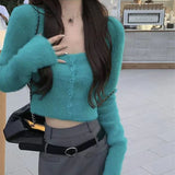 GETADME Fuzzy Knit Crop Top Cardigan for Women Teen Girl Long Sleeve Button Up Fitted Sweater Soft Plush Knitwear Fall Winter Y2K Outfit