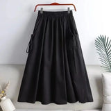 GETADME 2025 Summer New Versatile Solid Color Medium-Length Drawstring Pocket Skirt Women's Fashionable Workwear Half-Length Skirt