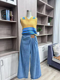 GETADME American Wide Leg Denim Pants For Women In Spring And Autumn, Fashionable Pleated Design, Loose Floor Length Pants
