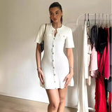 GETADME White Elegant Knitted Mini Dress For Women Metal Button Sexy Slim Rib Sweater Dress Holiday Party Outfits Autumn 2025 New