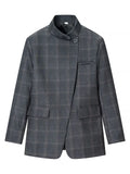 GETADME HH Women Fashion Plaid Blazer Coat Stand Collar Long Sleeve Jacket 2026 Spring Trend Casual Office Lady Chic Outerwear