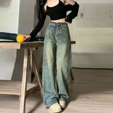 GETADME Retro Washed Vintage Jeans For Women In Autumn And Winter High Waisted Straight Leg Loose Wide Leg Pants Casual Pants