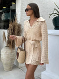 GETADME Sexy Shirt V-neck Bell Sleeve Hollow Out Knitted Belted Beach Mini Dress 2025 Summer Swimsuit Cover Up Women's Casual Outfit K16