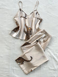 GETADME Comfortable Fashionable 2pcs V Neck Leopard Print Suspender Long Pants Pajama Set