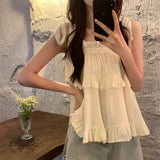 GETADME Ruffles Shirts and Blouses Korea Style Solid Fashion Woman Blouse 2025 Spaghetti Strap Top Women Summer Slash Neck Clothes New