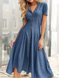 GETADME Solid Color Women's Casual Loose Denim Short Sleeved Long Slit Shirt Dress with Shoulder Sleeves and Button Up Dress