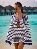 Getadme  Sexy Boho Striped Chic V-neck Cut Out Bell Sleeve Knit Beach Mini Dress 2025 Summer Women Seaside Holiday Swimsuit Cover Up K123
