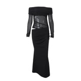GETADME Elegant Off Shoulder Women's 2025 New Irregular Mesh Patchwork Long-sleeved Cut Out Skinny Evening Party Floor-length Long Dress