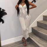 GETADME Knitted Halter High Elasticity See Through Halter Backless Solid Color Floral Appliques Club Street Low Cut Jumpsuit for Women