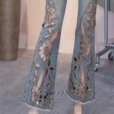 GETADME Women New Comfortable Design Sense Solid Color High Waist Draped Straight Thin Trousers Summer Skeleton Embroidery Denim Slim