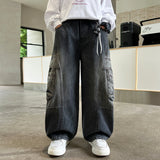 GETADME 2026 Autumn New Children Denim Cargo Pants Korean Style Teens Boys Straight Jeans Children Loose Casual Cotton Trousers