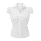 GETADME Women Summer Kawaii Solid Shirring Button Up Turn Down Collar Short Sleeve White Shirts Ladies Office Casual Summer Clothes