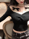 Getadme-Fashion Simple Slash Neck Knitted Sweater Bow Fake Two Pieces Long Sleeve Slim Pullovers Black Chic Gothic Clubwear Streetwear