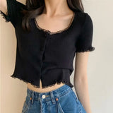 GETADME Korean Style Summer Spring Lace T-shirt Button Stylish Crop Top Slim Fit Knitted Cardigans