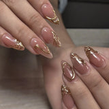 GETADME 24Pcs Metallic Cat Eye French Sheer Manicure Tip Art Textured 3D Acrylic False Nails Nude Pink Almond Medium Press on Fake Nails
