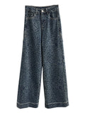 GETADME Retro American Leopard Print Jeans Women's Heavy Du Casual Loose Fit Long Pants Trendy Straight Leg High Waist Denim