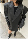 GETADME UNXX Custom Design Zipper Diagonal Button PU Leather Jacket for Women 2025 Autumn Loose Mid-Length Blazer Female Office Lady Top