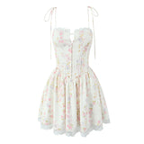 GETADME Summer 2025 Women Lace Spliced Floral Print Sling Mini Dress Low Waist A-line Sexy Elegant Party Dresses Holiday Robe