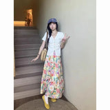 GETADME 플로럴 케이크 하와이안 스커트 유화 스타일 봄 여름 A라인 스커트 튤 스커트 한국 스트리트웨어 Y2K 롱 스커트 여성