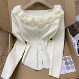 GETADME New Year's Pink Three-dimensional Flower Long-sleeved Slim Top French One-line Base Short Sweater