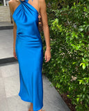 GETADME Halter Neck Satin Long Dres Summer Solid Color Backless Long Dress for Beach Party Streetwear Women Sleeveless Elegant Dress