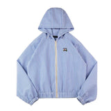GETADME Maden Casual Blue White Striped Hooded Shirt Women's Spring Seersucker Vacation Style Blouse Lightweight Layering Beach Shirts