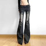 GETADME Women's Jeans  New American Retro Street Style Plant Print Washed Vintage Low-Rise Flare Pants Trendy Versatile