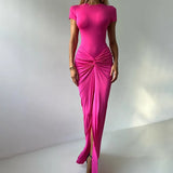 GETADME 여성 봄/여름 정장 솔리드 O넥 반팔 바디수트+셔링 스플릿 롱 스커트 캐주얼 하이스트리트 클럽 2피스 세트